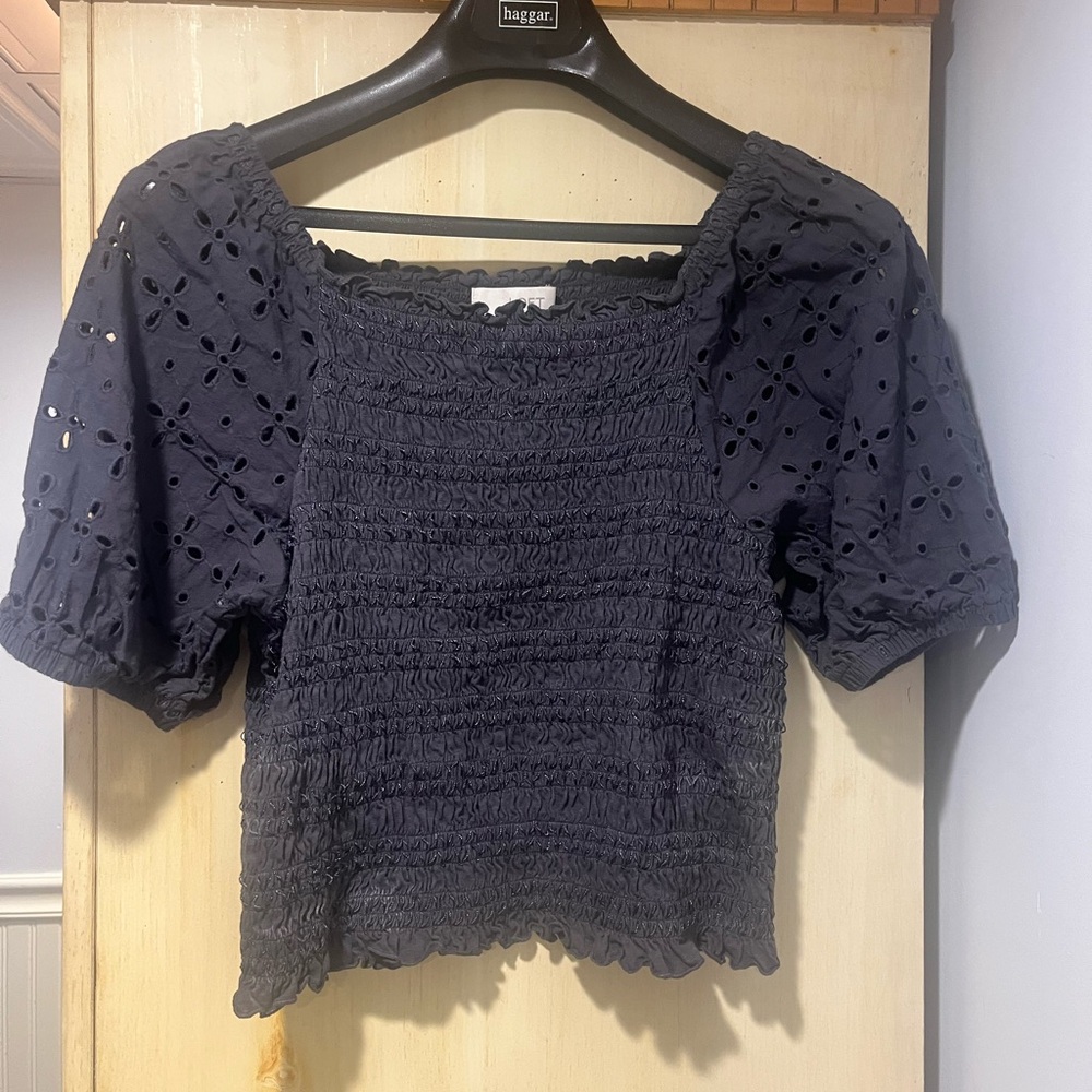 Elegant Grey/Blue Eyelet Women's Top
